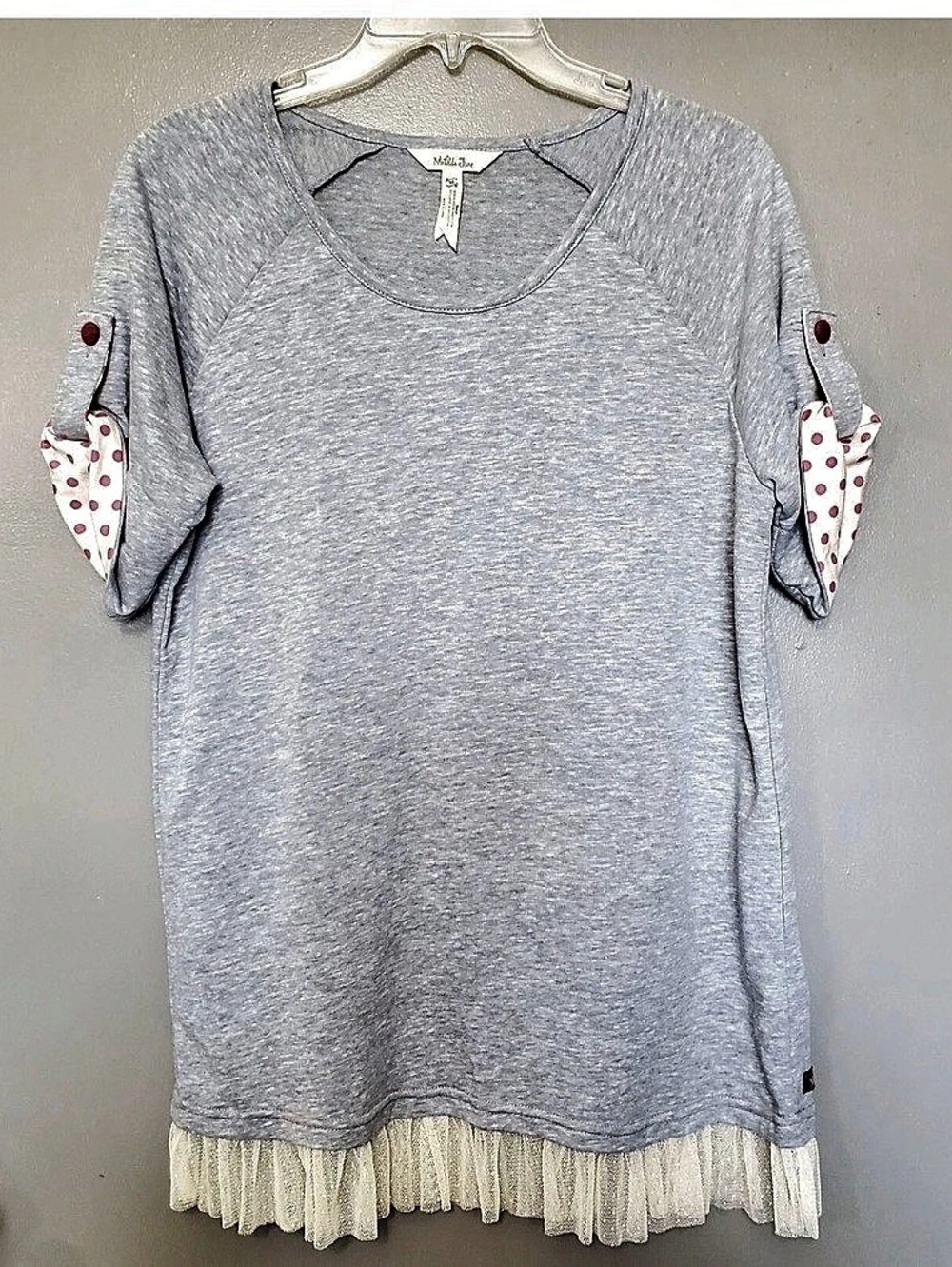 Matilda Jane once upon a time literacy Gray Polka Dot Sleeve Lace Hem Top size M